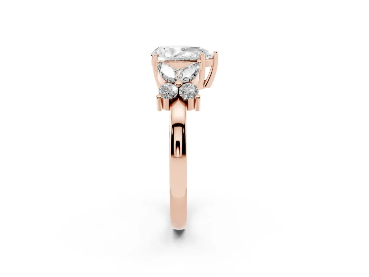 Pear Cut Diamond Floral Cluster Ring with Solitaire Band and Prong Setting Rose gold