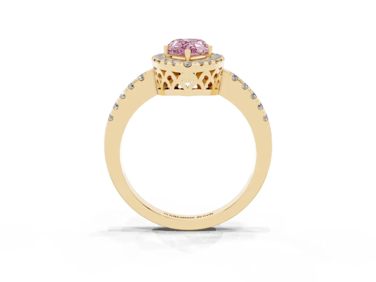 Fancy Pink Pear Cut Halo Diamond Engagement Ring with Pavé Band and Four-Prong Setting Yellow gold