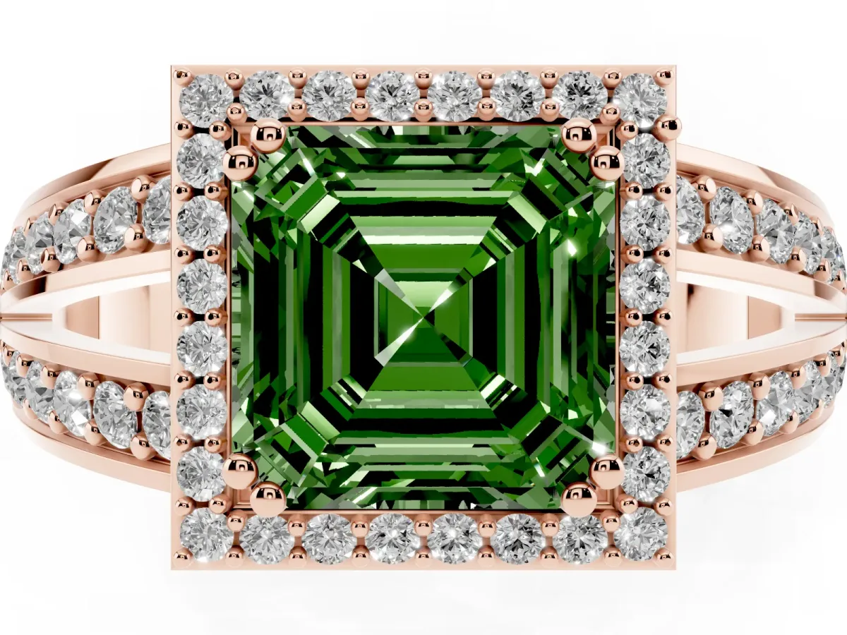 Fancy Green Asscher Cut Diamond Halo Ring with Split Shank Pavé Band and Four-Prong Setting Rose gold