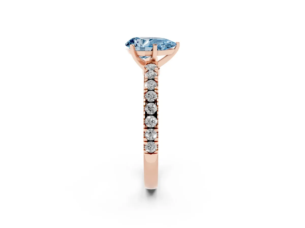 Fancy Blue Pear Cut Solitaire Diamond with Pavé Band and Four-Prong Setting Rose gold