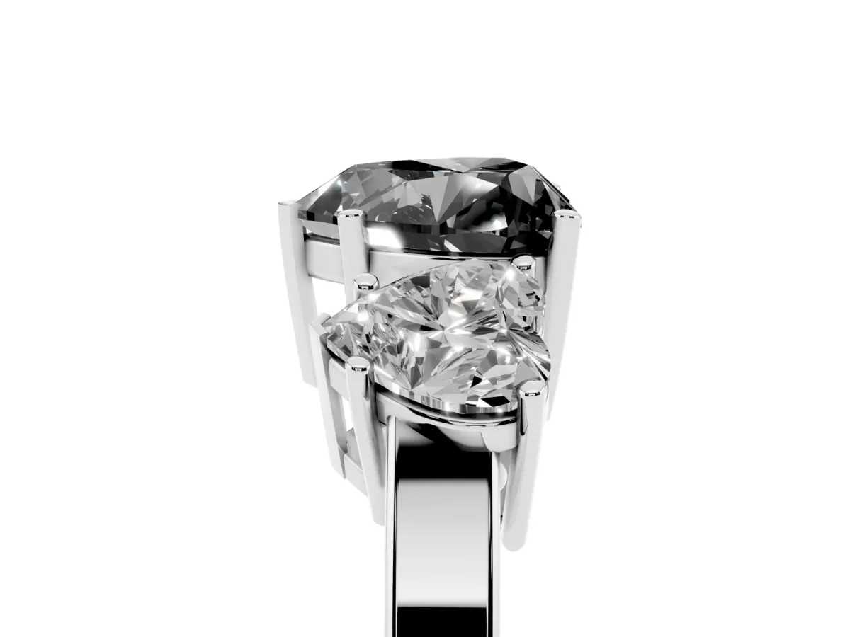 Fancy Black Three-Stone Heart Cut Cut Diamond Engagement Ring with Flat Band and Four-Prong Setting Silver