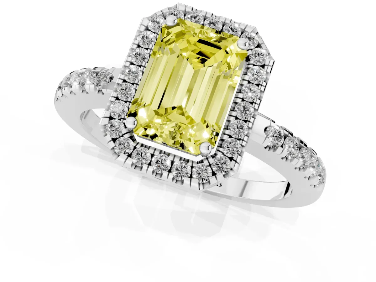 Fancy Yellow Emerald Cut Halo Diamond Engagement Ring with Pavé Band and Four-Prong Setting Silver