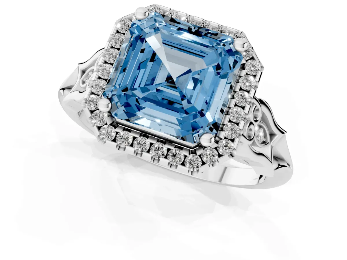 Fancy Blue Asscher Cut Halo Diamond Engagement Ring with Filigree Band and Four-Prong Setting Silver