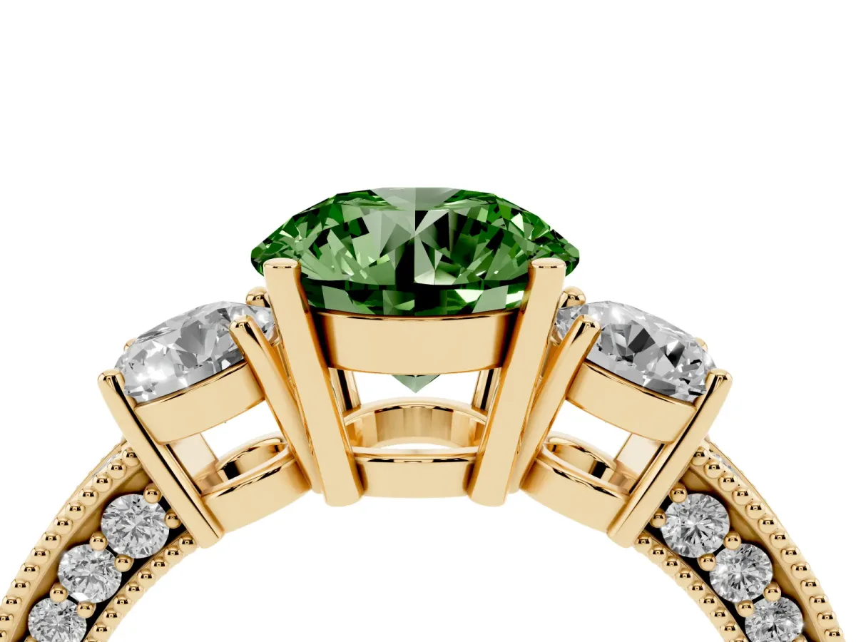 Fancy Green Round Cut Three-Stone Diamond Ring with Pavé Band and Four-Prong Setting Yellow gold