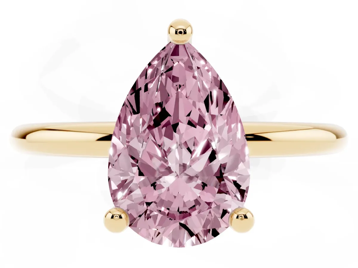 Fancy Pink Pear Cut Solitaire Diamond Ring with 4-Prong Setting on a Classic Band Yellow gold