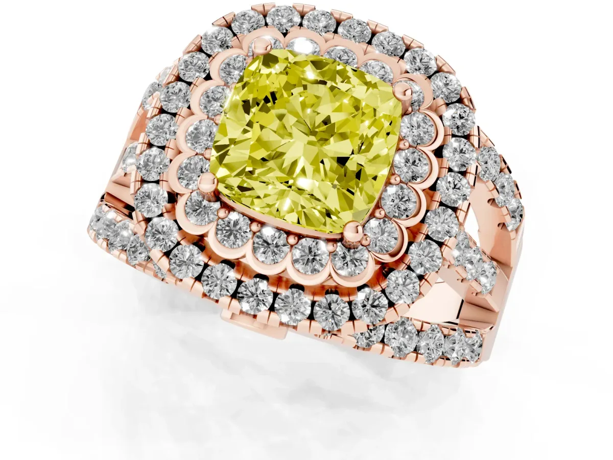 Fancy Yellow Cushion Cut Diamond Double Halo Ring with Round Pavé Split Shank and Prong Setting Rose gold