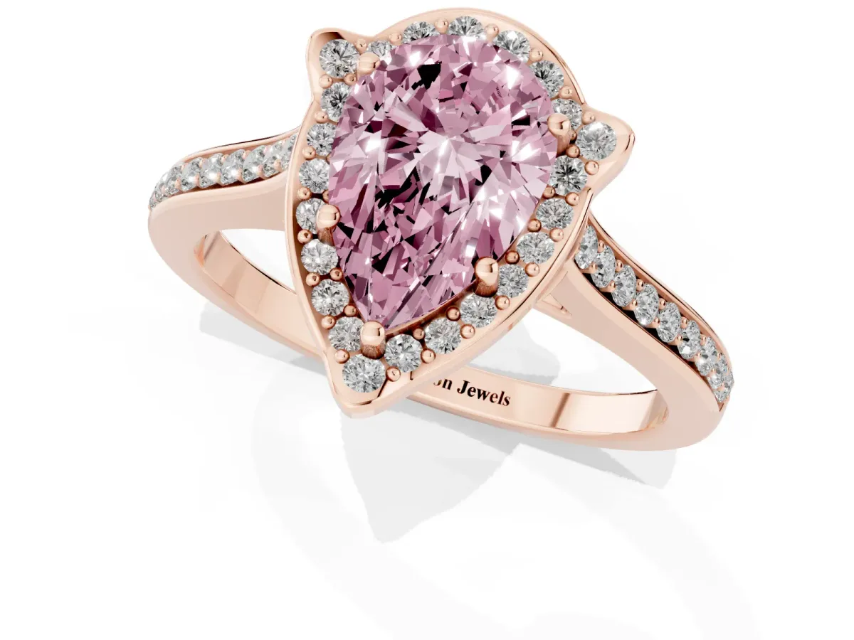 Fancy Pink Pear Cut Halo Round Diamond Pave Band with Four-Prong Setting Rose gold