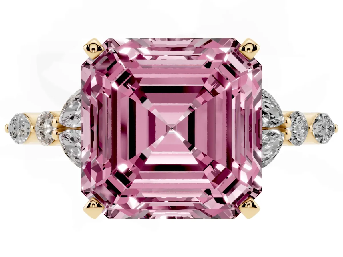 Fancy Pink Asscher Cut Diamond Solitaire Ring with Side Stones and Four-Prong Setting Yellow gold