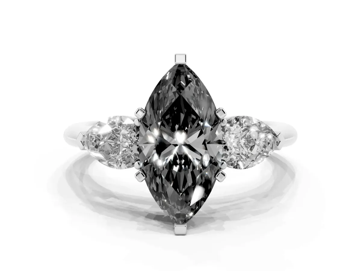 Fancy Black Three-Stone Marquise Cut Diamond Ring with Pear Side Stones and Four-Prong Setting Silver