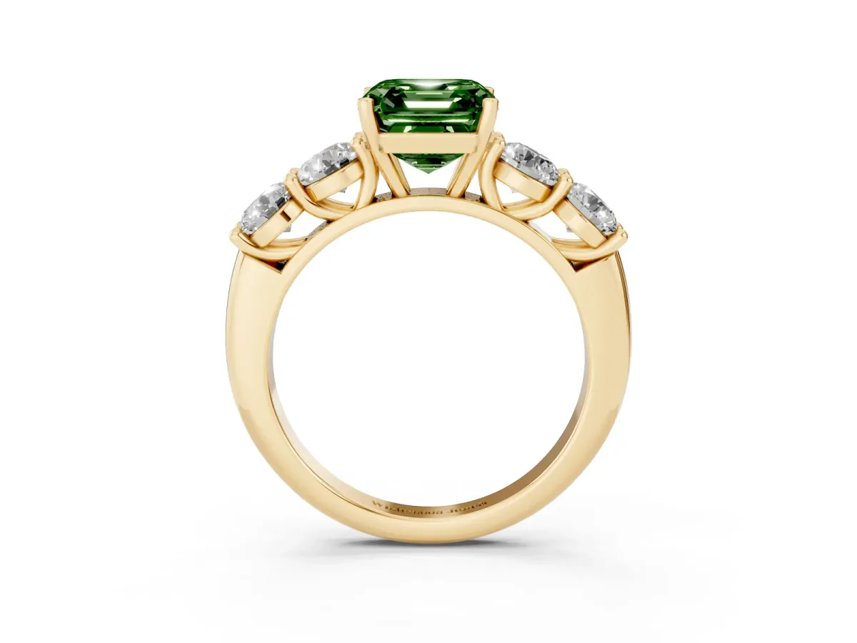 Fancy Green Asscher Cut Cut Five-Stone Prong Set Diamond Ring with Classic Band Yellow gold