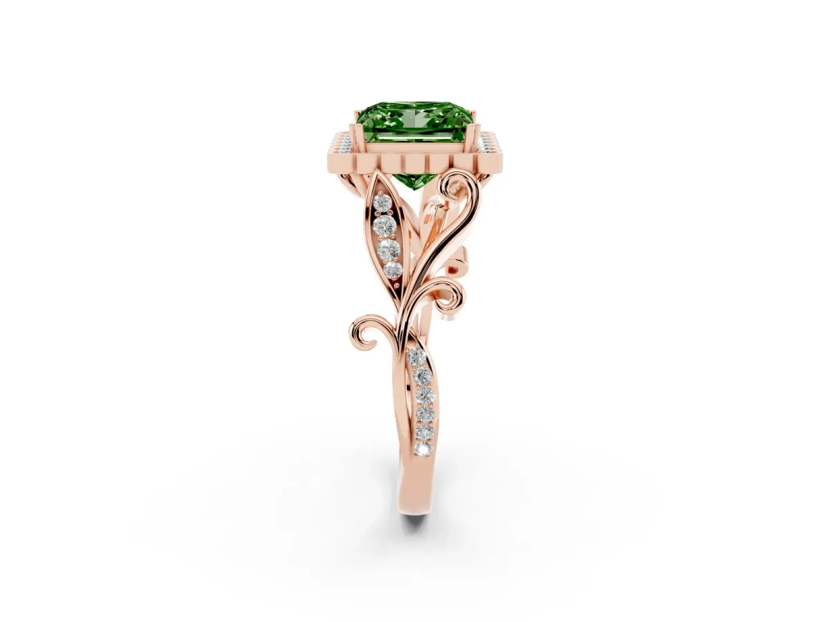 Fancy Green Princess Cut Diamond Halo Ring with Vintage Split Shank and Four-Prong Setting Rose gold