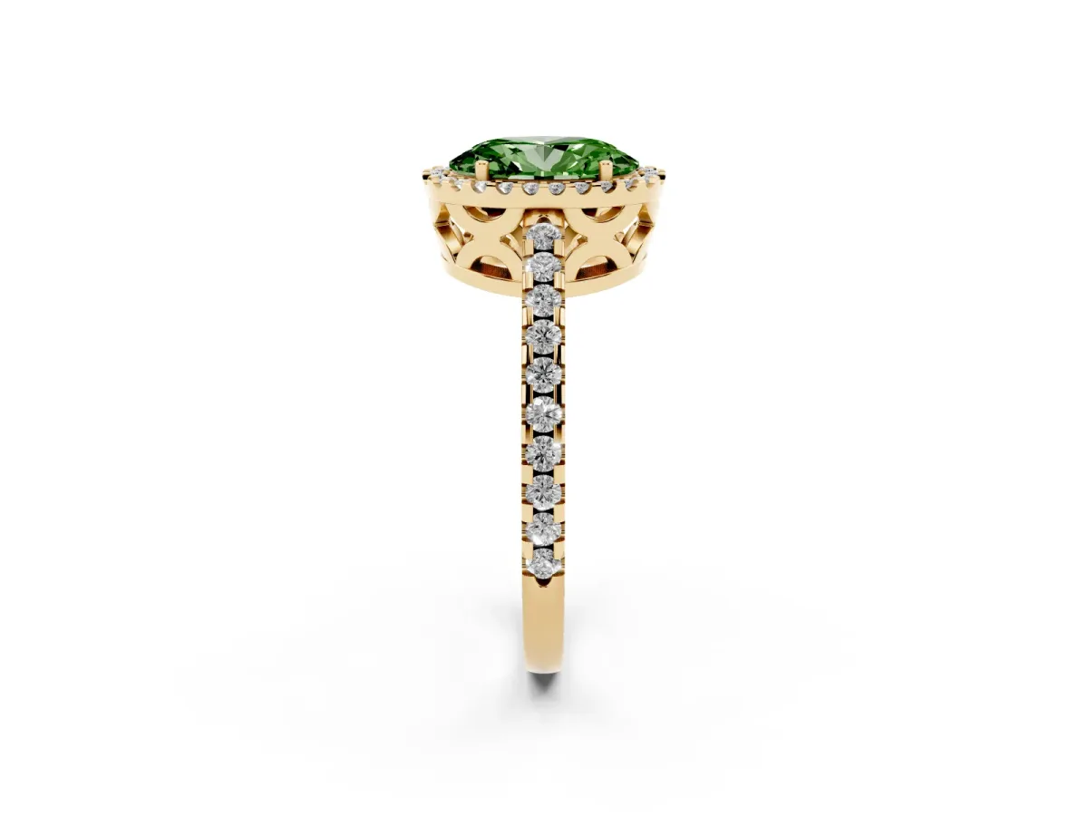 Fancy Green Oval Cut Diamond Halo Engagement Ring with Pavé Band and Prong Setting Yellow gold