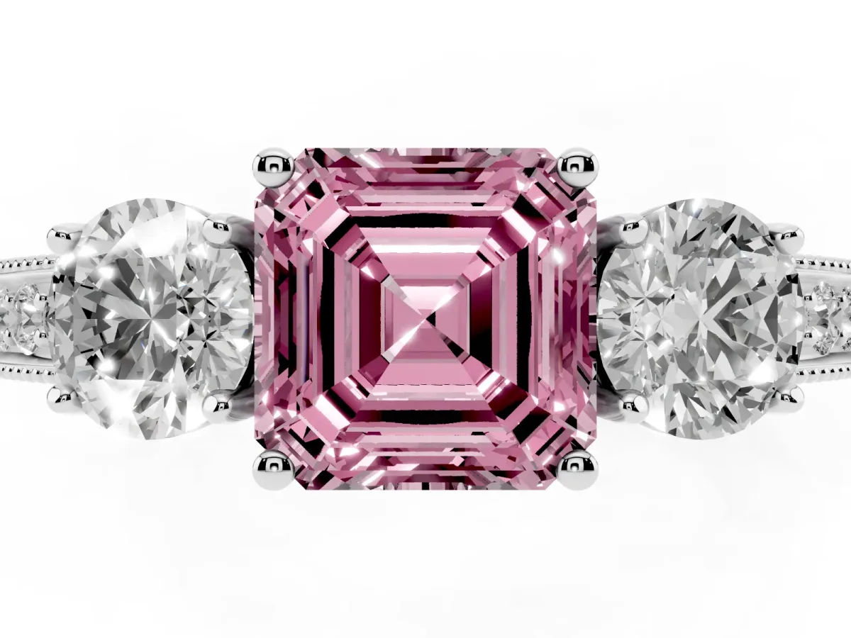Fancy Pink Asscher Cut Three-Stone Diamond Ring with Pavé Band and Four-Prong Setting Silver