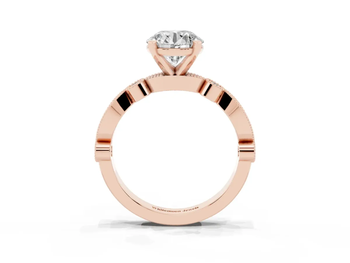 Round Cut Milgrain Bezel Diamond Engagement Ring with Solitaire Prong Setting Rose gold