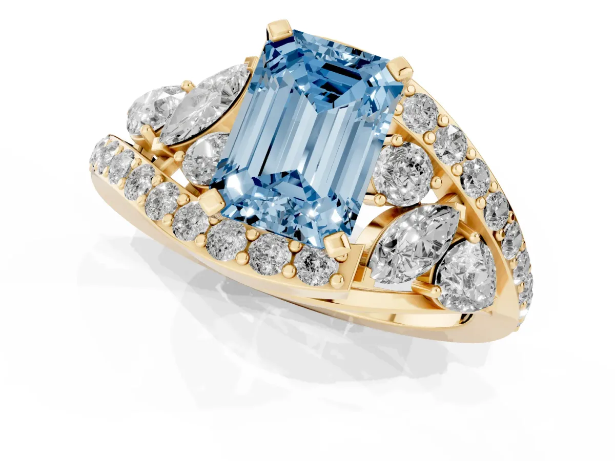 Fancy Blue Emerald Cut Diamond Halo Ring with Marquise and Pavé Band in Prong Setting Yellow gold
