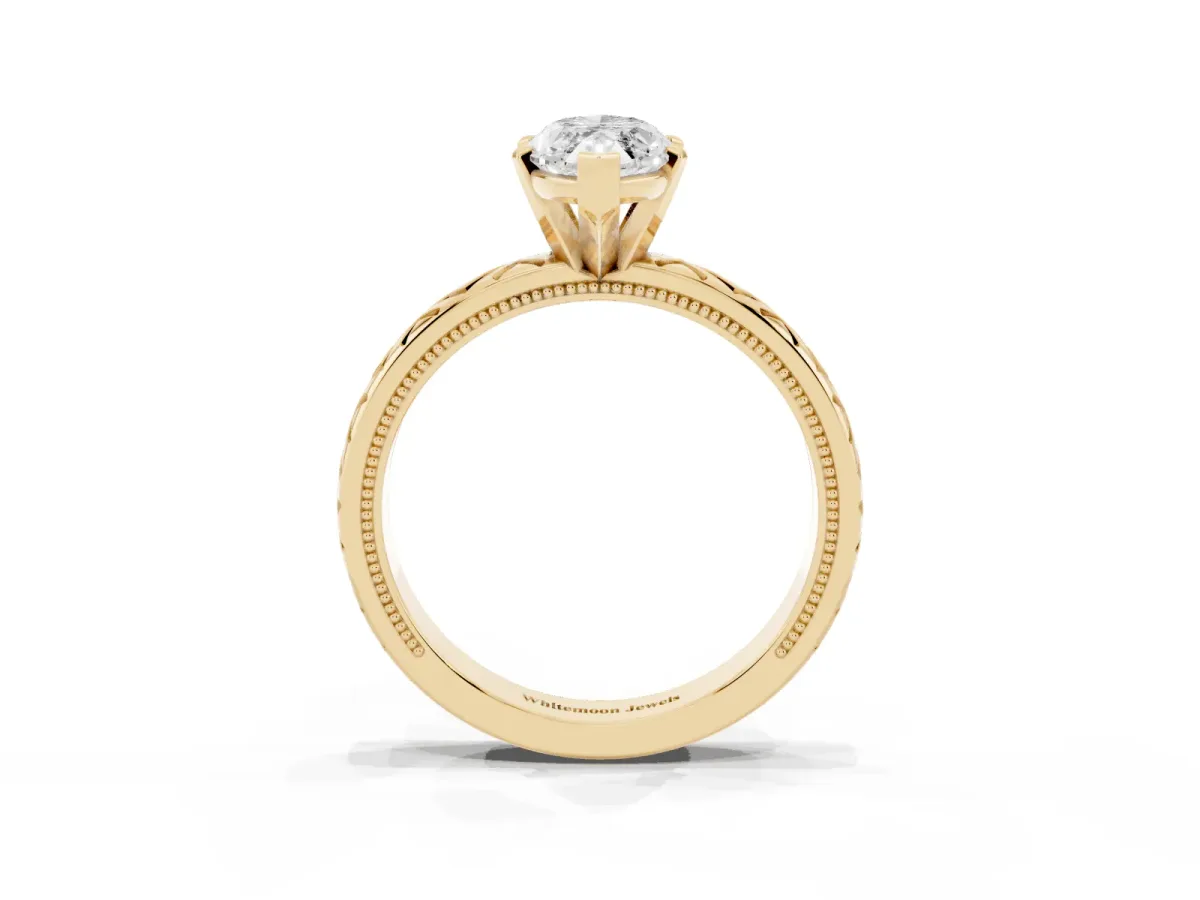 Marquise Cut Solitaire Diamond Ring with Milgrain and Black Enamel X Pattern Band Yellow gold