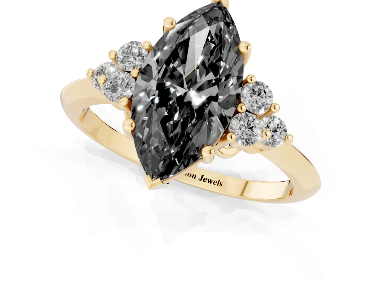 Fancy Black Marquise Cut Cut Diamond Cluster Ring with Solitaire Band and Four-Prong Setting Yellow gold