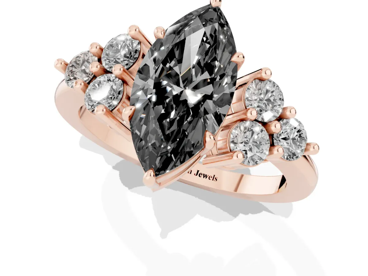 Fancy Black Marquise Cut Brilliant Diamond Cluster Accent Solitaire Ring with Prong Setting Rose gold
