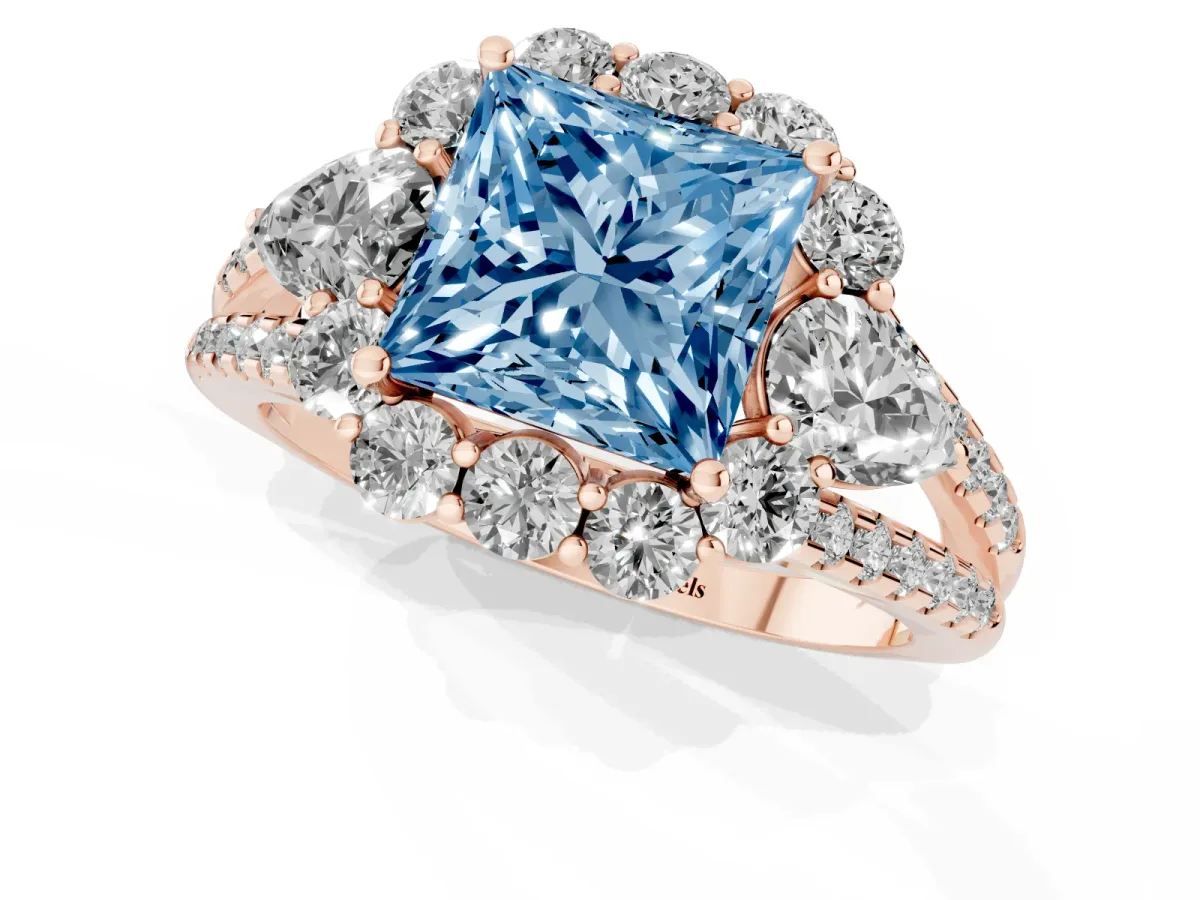 Fancy Blue Princess Cut Halo Split Shank Diamond Engagement Ring with Prong Setting Rose gold