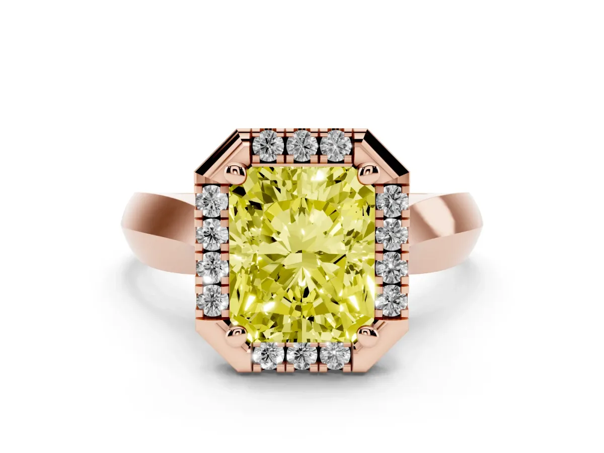 Fancy Yellow Radiant Cut Cut Halo Solitaire Engagement Ring with Square Band and Four-Prong Setting Rose gold