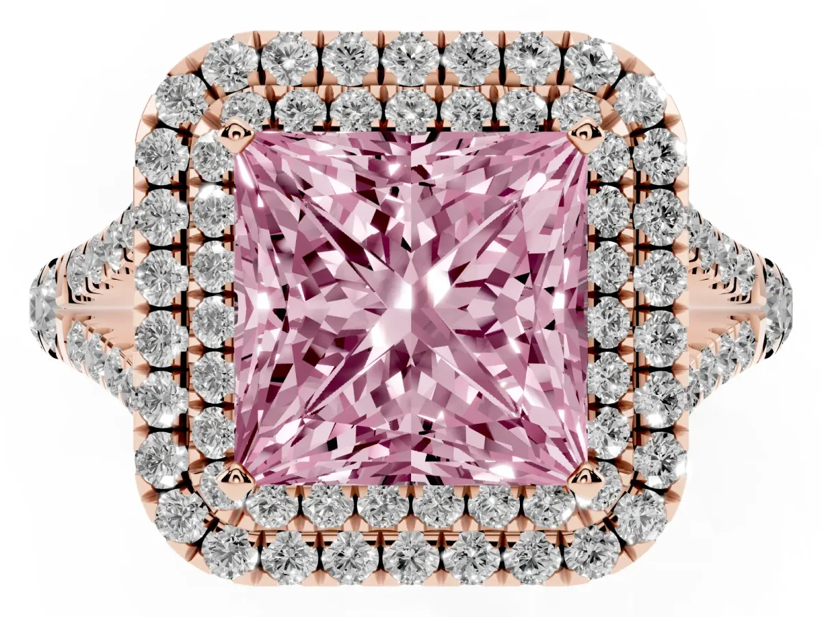 Fancy Pink Princess Cut Diamond Pavé Split Shank Double Halo Engagement Ring Rose gold