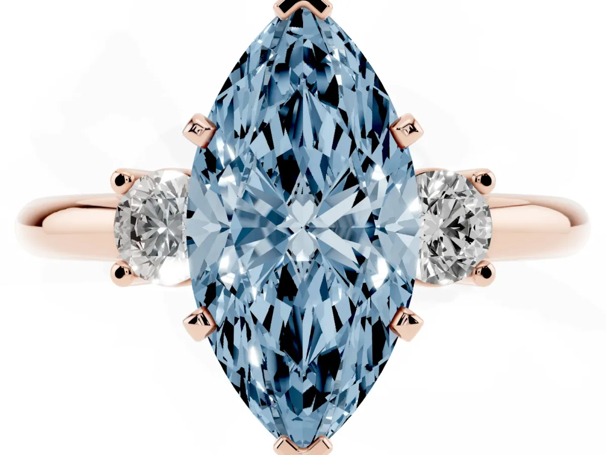 Fancy Blue Three-Stone Marquise Cut Cut Diamond Solitaire with Prong Setting and Classic Band Rose gold