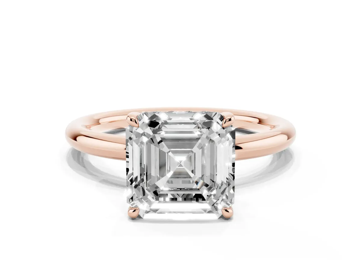 Asscher Cut Diamond Solitaire Ring with Thin Band and Four-Prong Setting Rose gold
