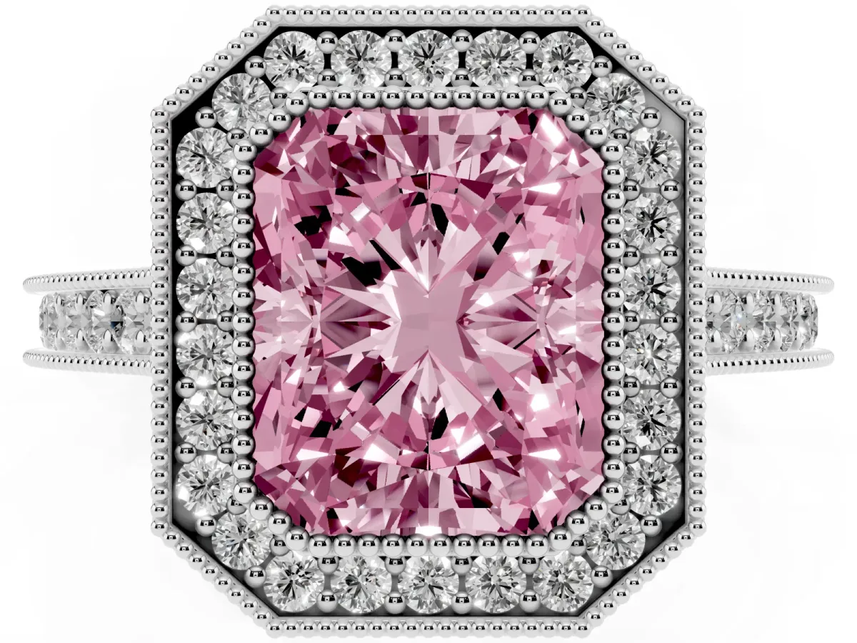 Fancy Pink Halo Radiant Cut-Cut Diamond Pave Band Milgrain Prong Setting Ring Silver