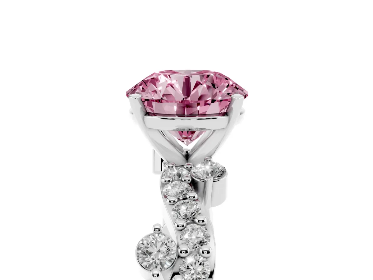 Fancy Pink Round Cut Cut Solitaire Diamond Twisted Band with Pave Setting Silver