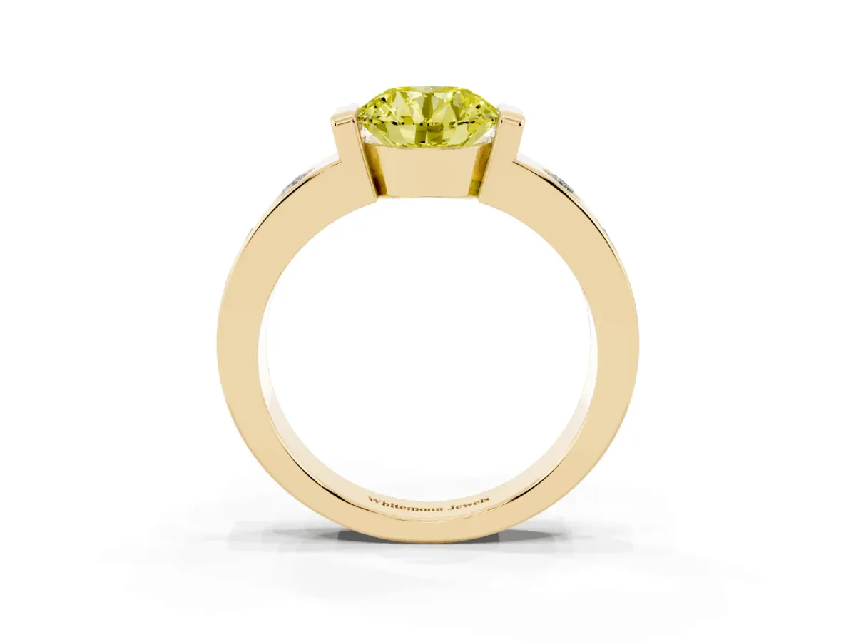 Fancy Yellow Round Cut Brilliant Channel-Set Diamond Ring with Bezel Prong Setting Yellow gold
