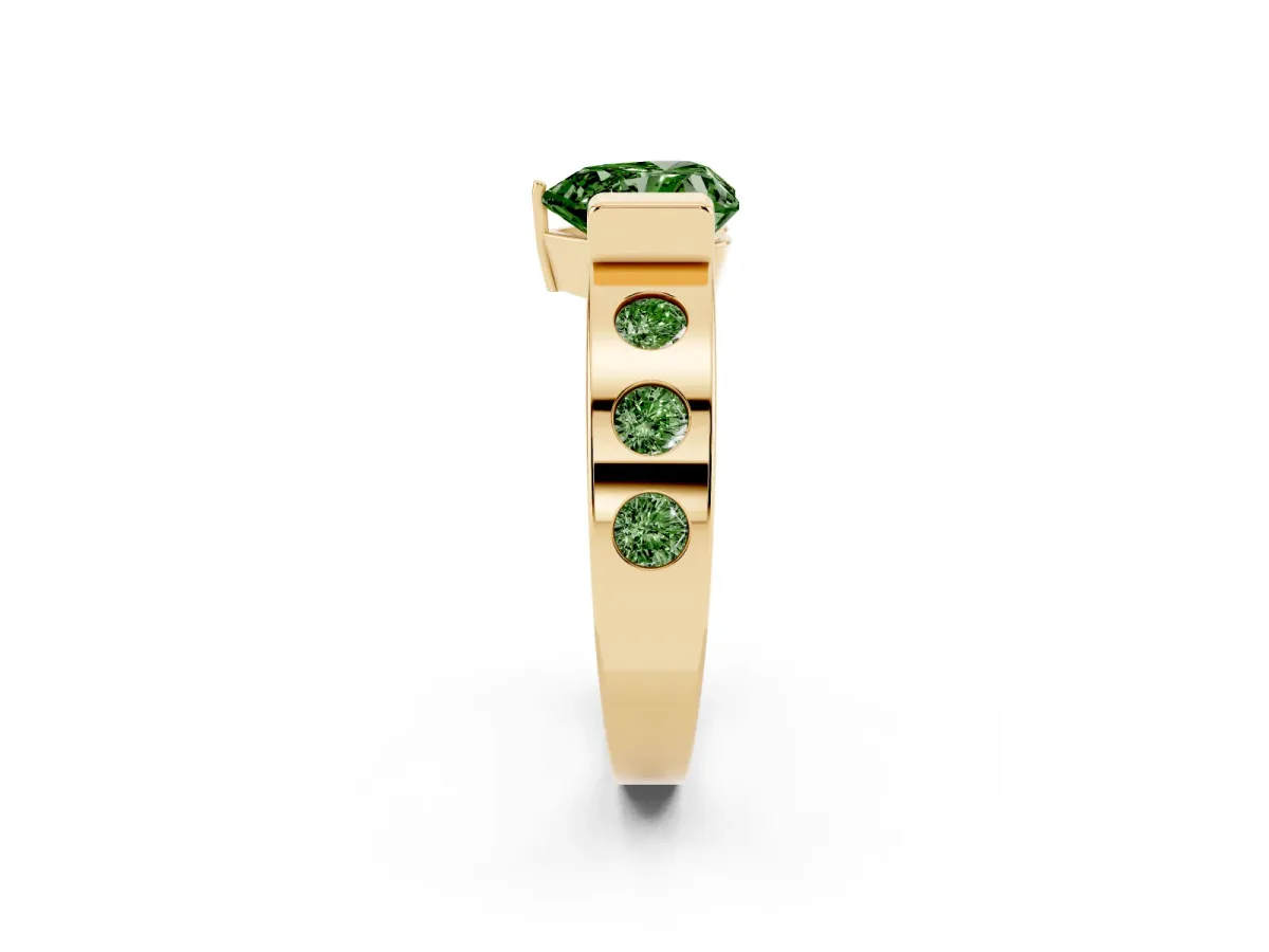 Fancy Green Heart Cut Brilliant Channel-Set Diamond Ring with Bezel Prong Setting Yellow gold