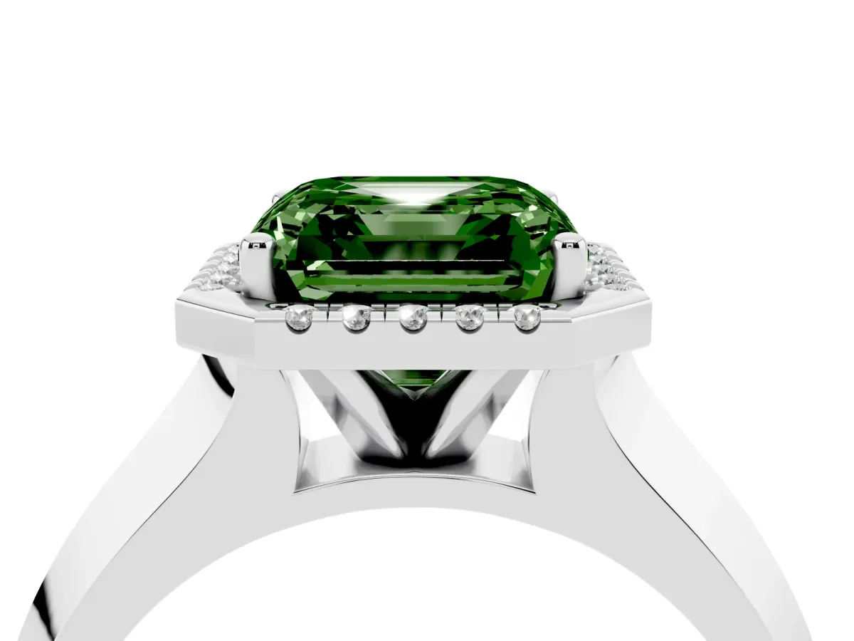 Fancy Green Asscher Cut Halo Diamond Ring with Cathedral Band and Four-Prong Setting White gold