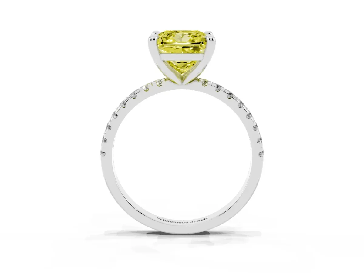 Fancy Yellow Princess Cut Diamond Brilliant Solitaire Ring with Pavé Band and Four-Prong Setting Platinum