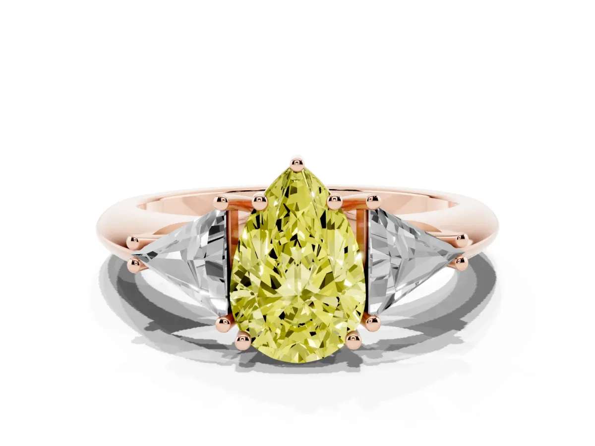 Fancy Yellow Three-Stone Pear Cut Diamond Engagement Ring with Trillion Side Stones and Prong Setting Rose gold