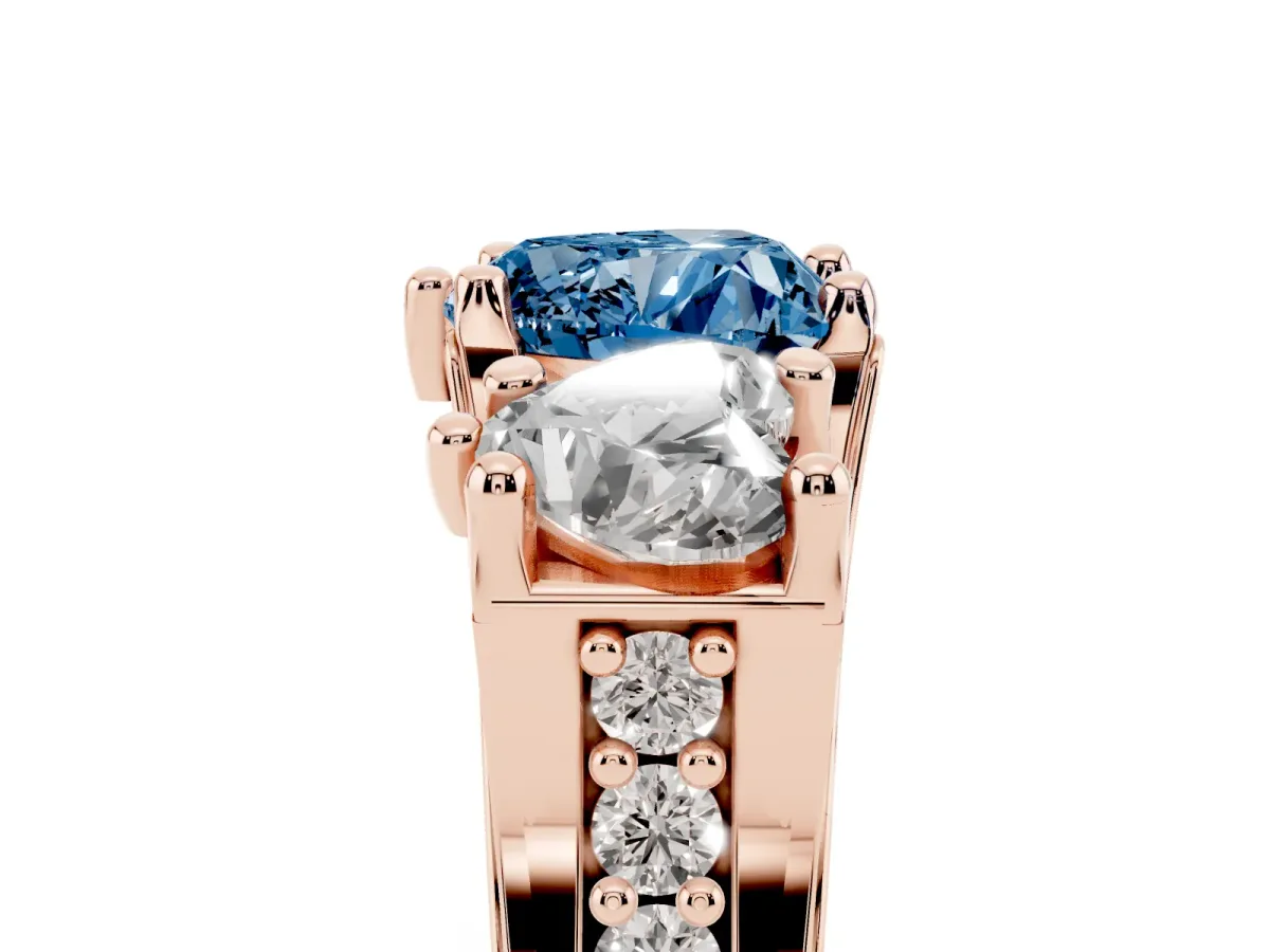 Fancy Blue Heart Cut Diamond Three-Stone Ring with Channel Set Band and Four-Prong Setting Rose gold