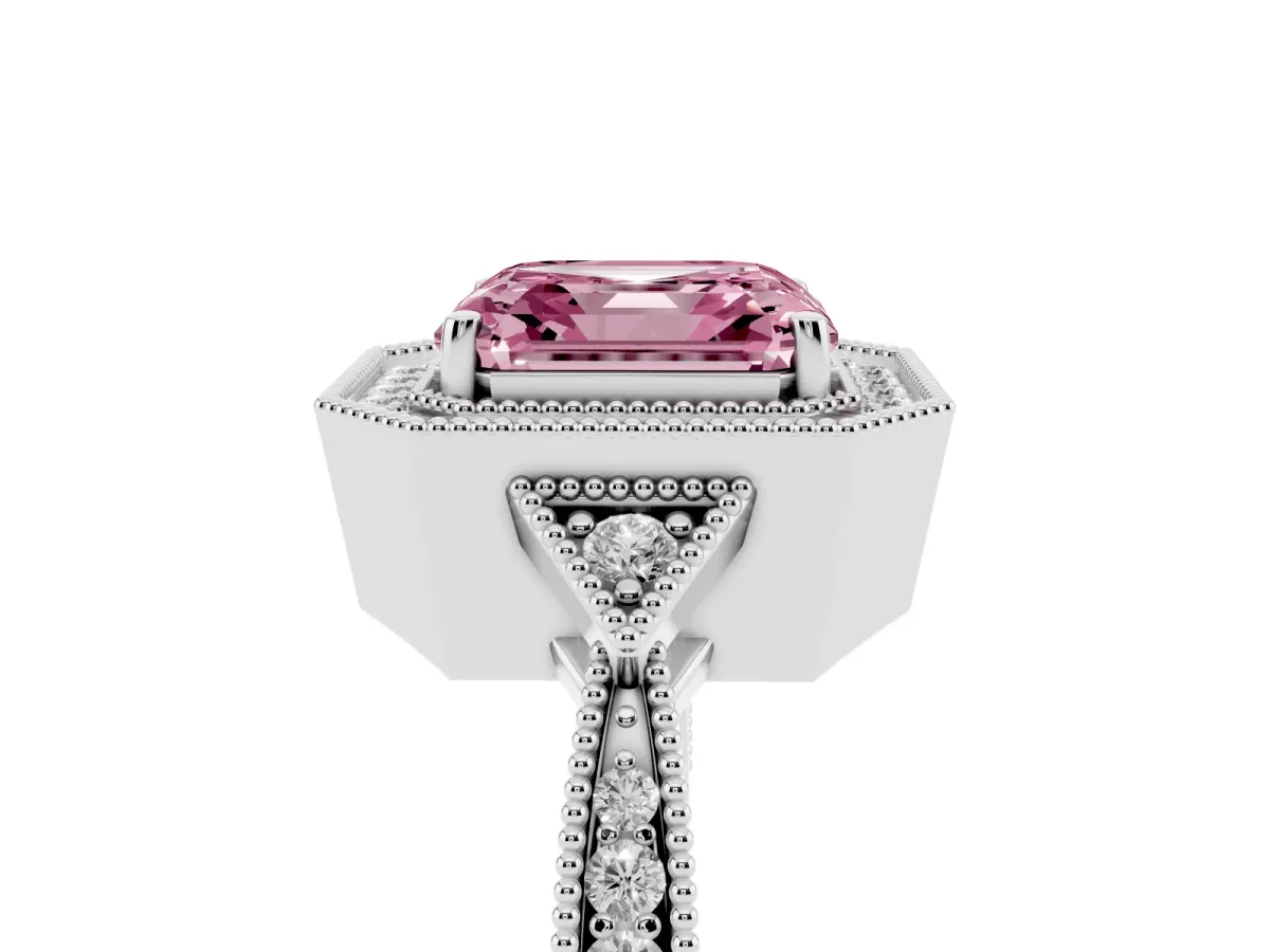 Fancy Pink Asscher Cut Halo Round Diamond Milgrain Pave Engagement Ring Platinum