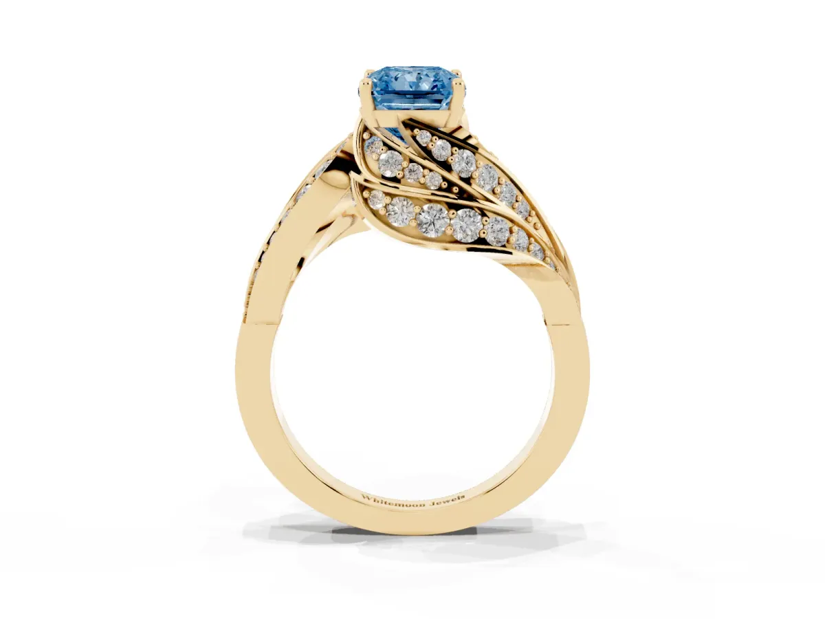 Fancy Blue Radiant Cut Diamond Solitaire Ring with Prong Setting and Twisted Pavé Band Yellow gold