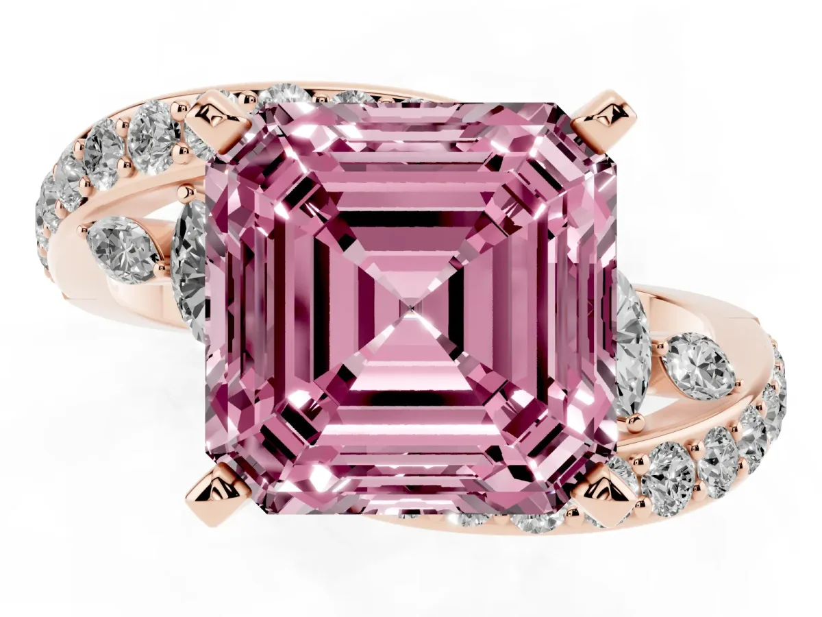 Fancy Pink Asscher Cut Solitaire with Pavé Twist Band and Four-Prong Setting Rose gold