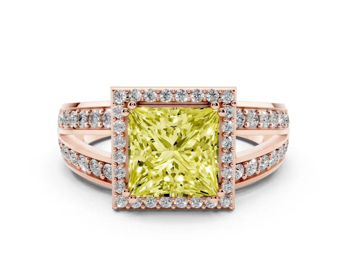 Fancy Yellow Princess Cut Diamond Halo Ring with Split Shank Pavé Band and Four-Prong Setting Rose gold