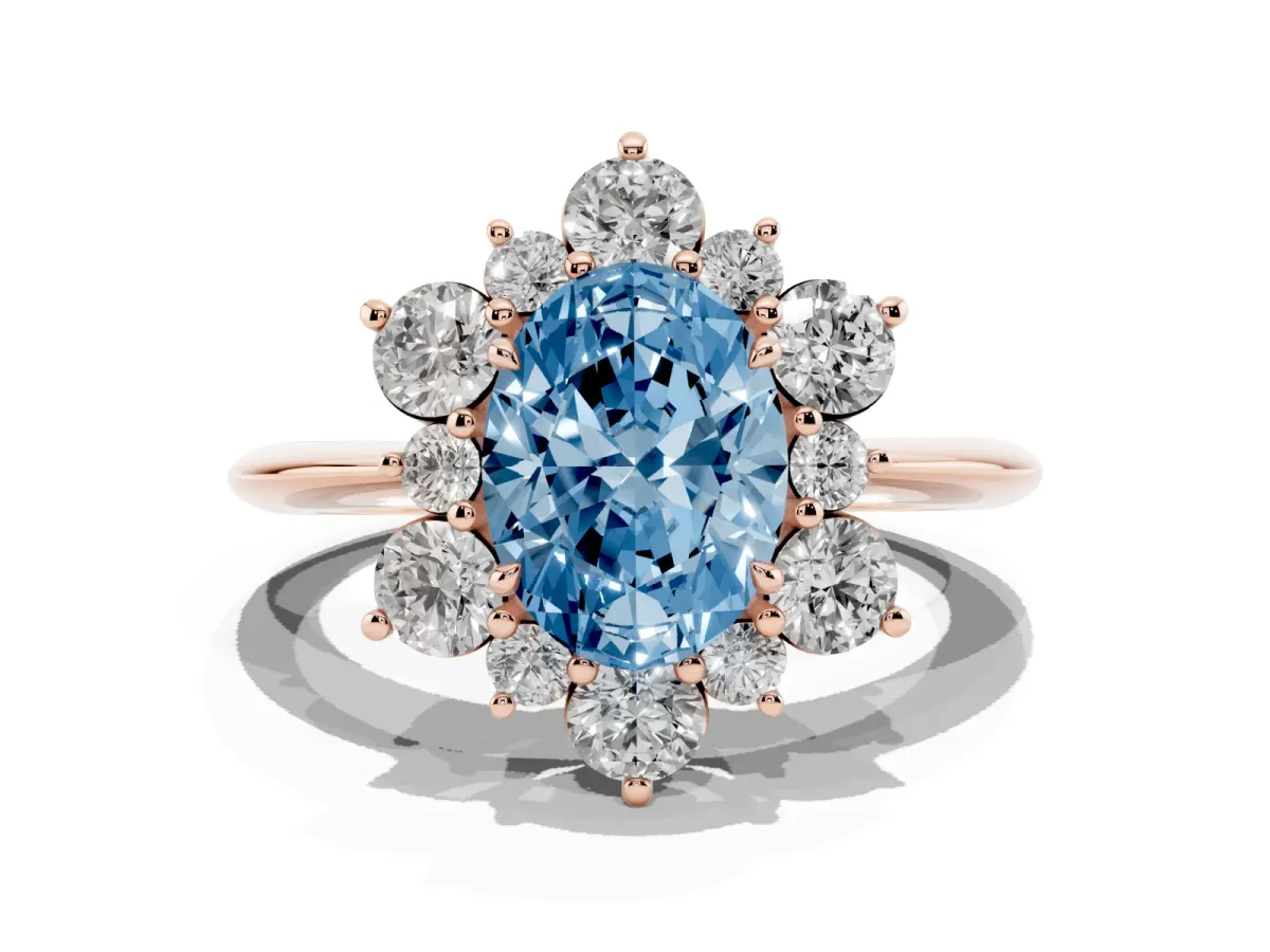 Fancy Blue Oval Cut Diamond Cluster Halo Ring with Solitaire Band and Four-Prong Setting Rose gold