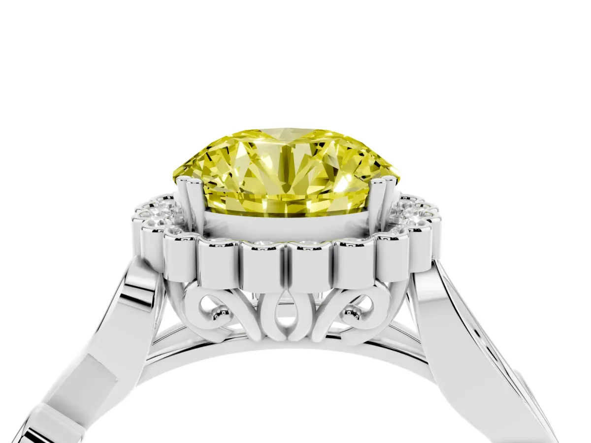 Fancy Yellow Round Cut Diamond Halo Ring with Vintage Split Shank and Four-Prong Setting Silver