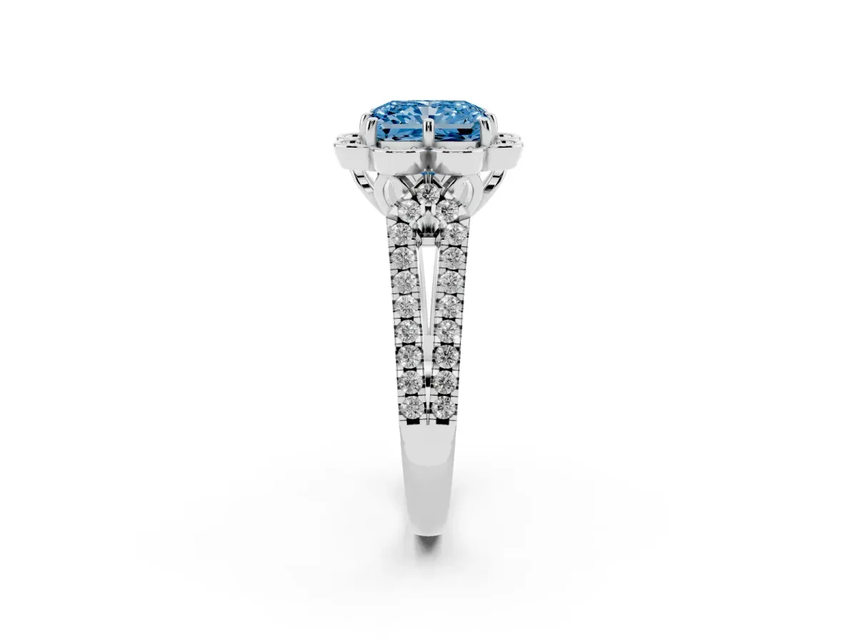 Fancy Blue Radiant Cut Halo Diamond Floral Split Shank Engagement Ring Silver