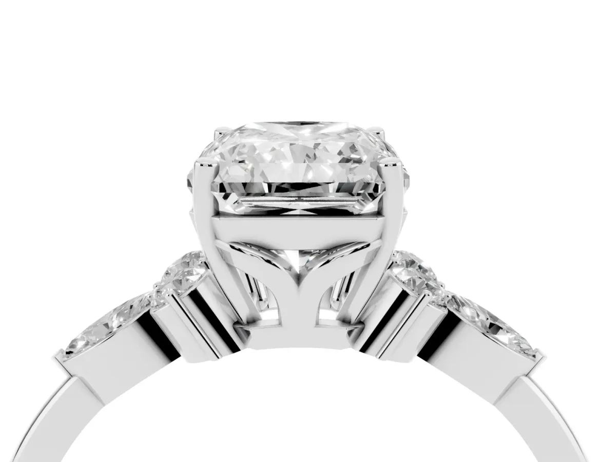 Radiant Cut Brilliant Diamond Solitaire Ring with Pear Side Stones and Four-Prong Setting Silver