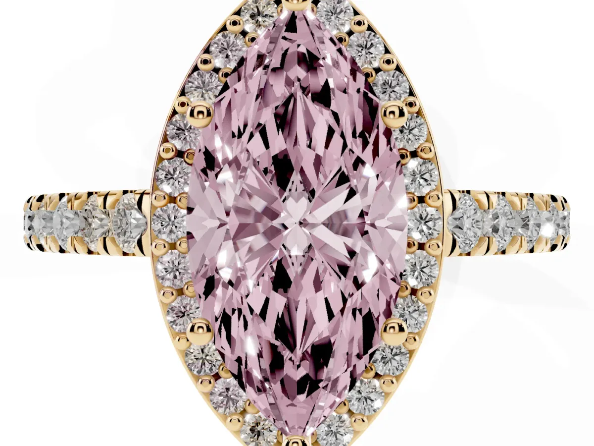 Fancy Pink Marquise Cut Cut Halo Diamond Engagement Ring with Pave Band and Four-Prong Setting Yellow gold