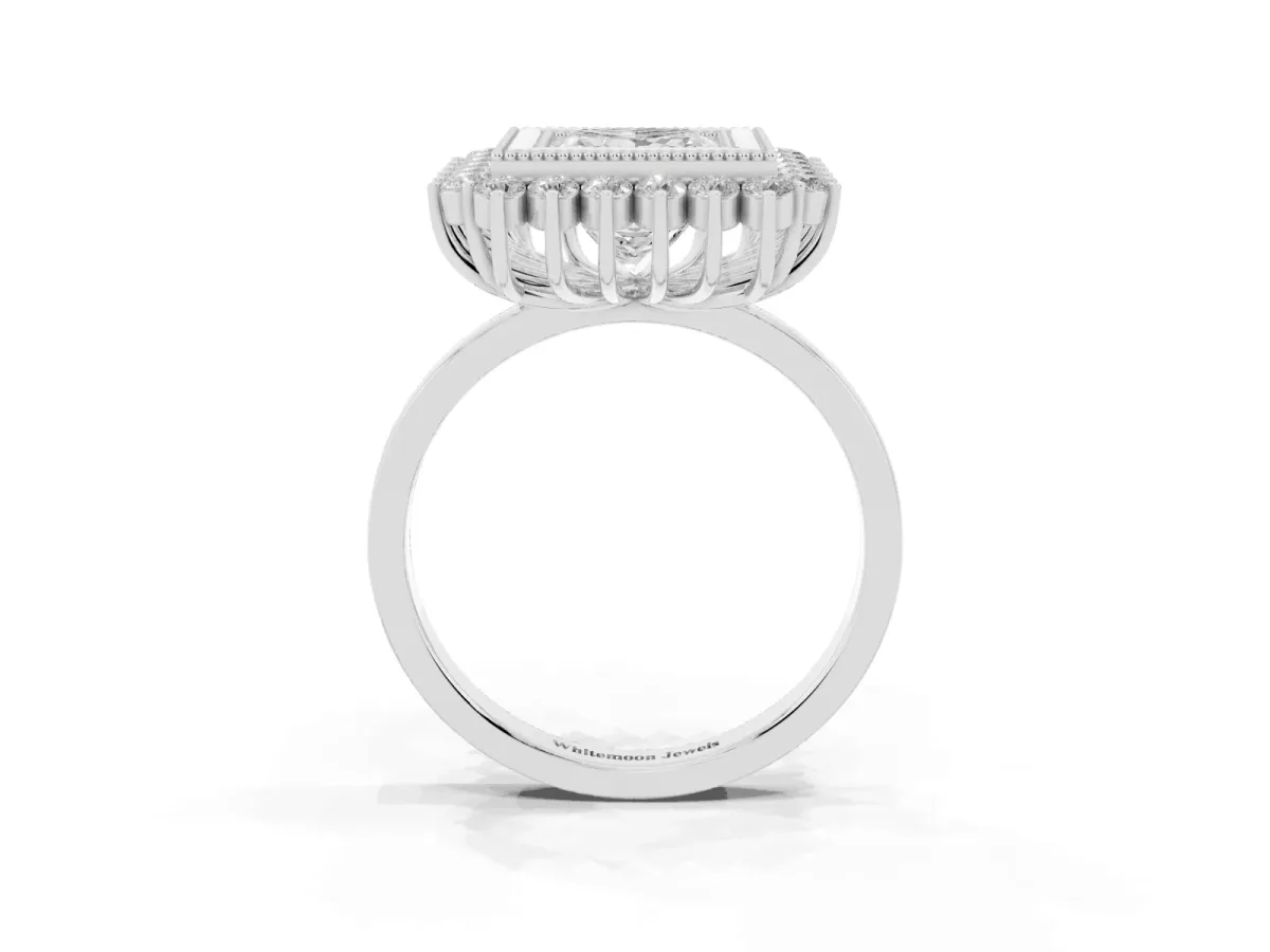 Princess Cut Halo Diamond Ring with Milgrain Edge and Round Prong Setting Silver