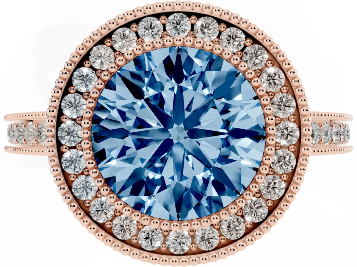 Fancy Blue Round Cut Cut Halo Diamond Ring with Pavé Band and Milgrain Prong Setting Rose gold