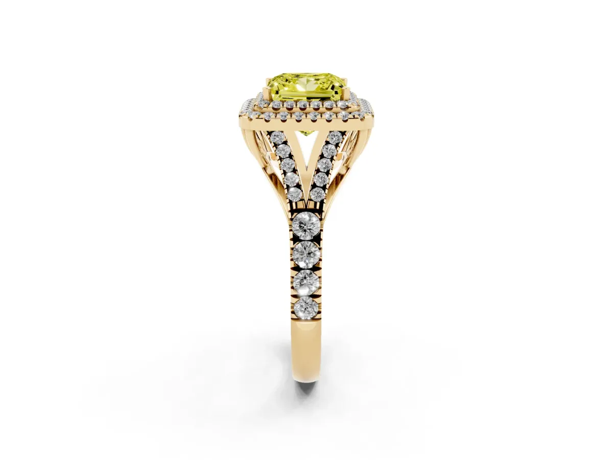 Fancy Yellow Princess Cut Diamond Double Halo Ring with Split Shank and Prong Setting Yellow gold