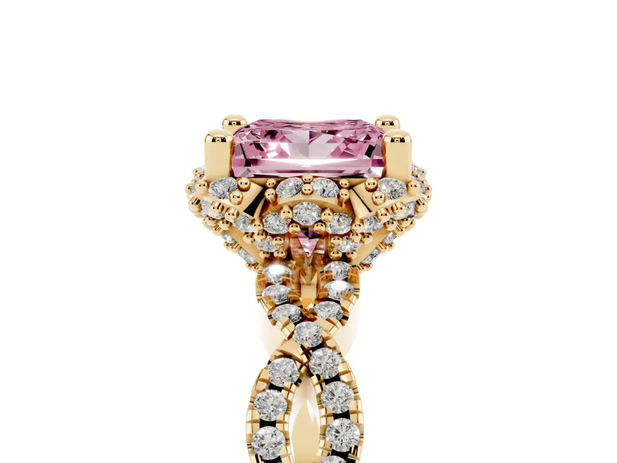 Fancy Pink Princess Cut Halo Twist Band Solitaire Ring with Six-Prong Setting Yellow gold