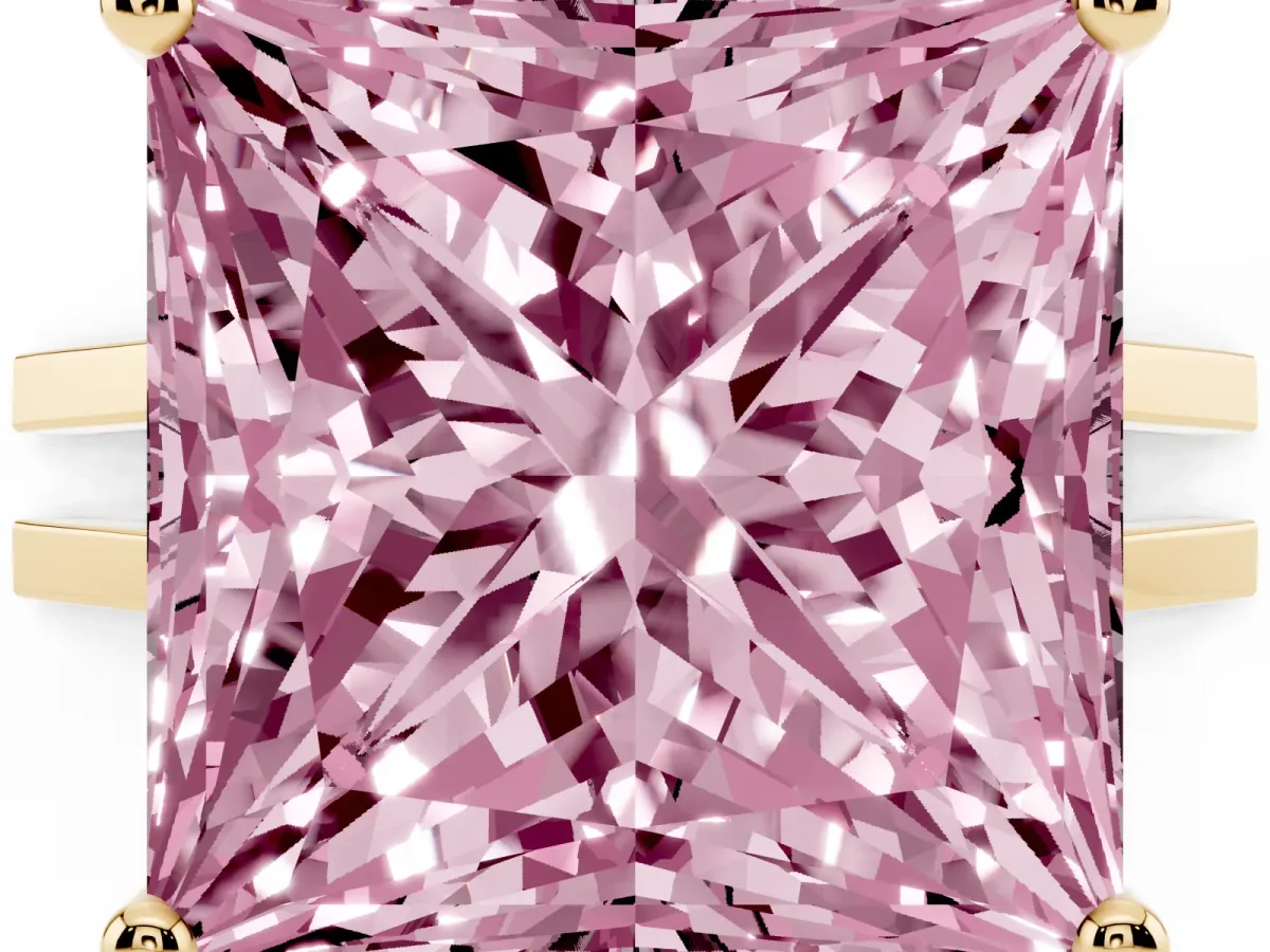 Fancy Pink Princess Cut Cut Diamond Solitaire Engagement Ring with Tapered Plain Band and Four-Prong Setting Yellow gold