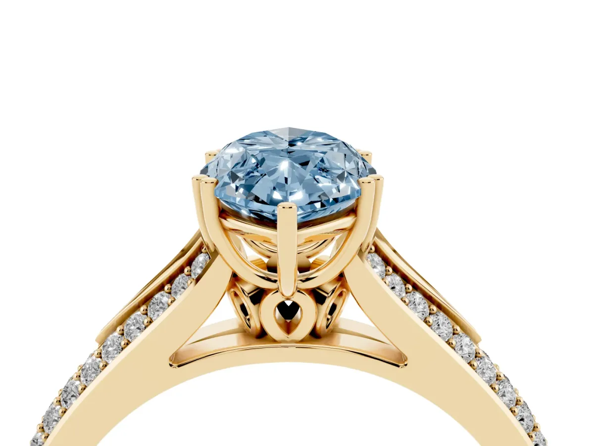 Fancy Blue Marquise Cut Diamond Split Shank Engagement Ring with Pavé Band Yellow gold